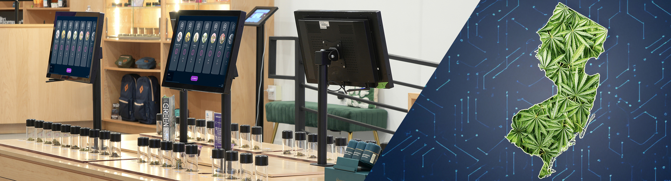 Modern cannabis retail technology interior featuring The Peak Beyond's interactive displays