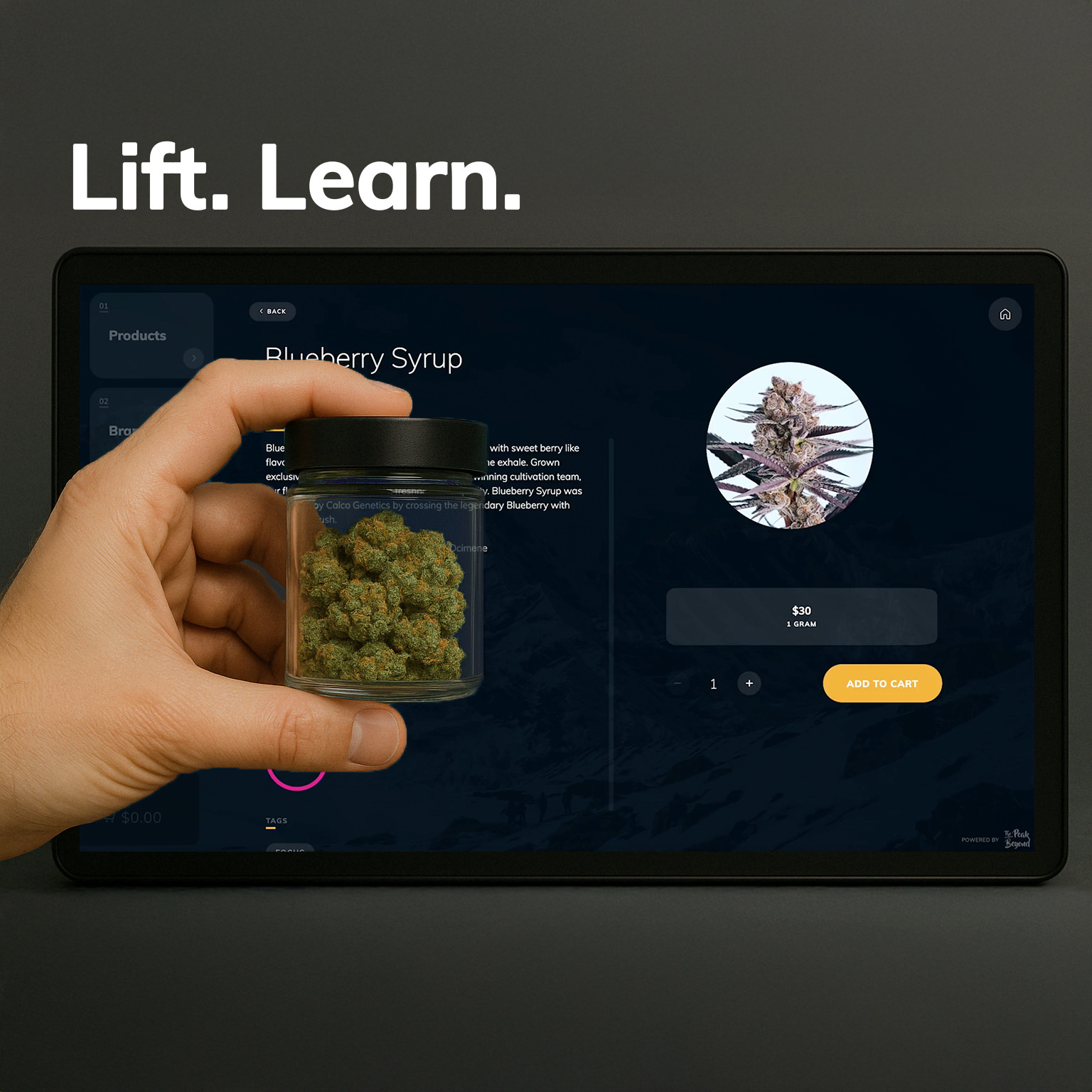 Lift and learn display showing cannabis product and digital menu