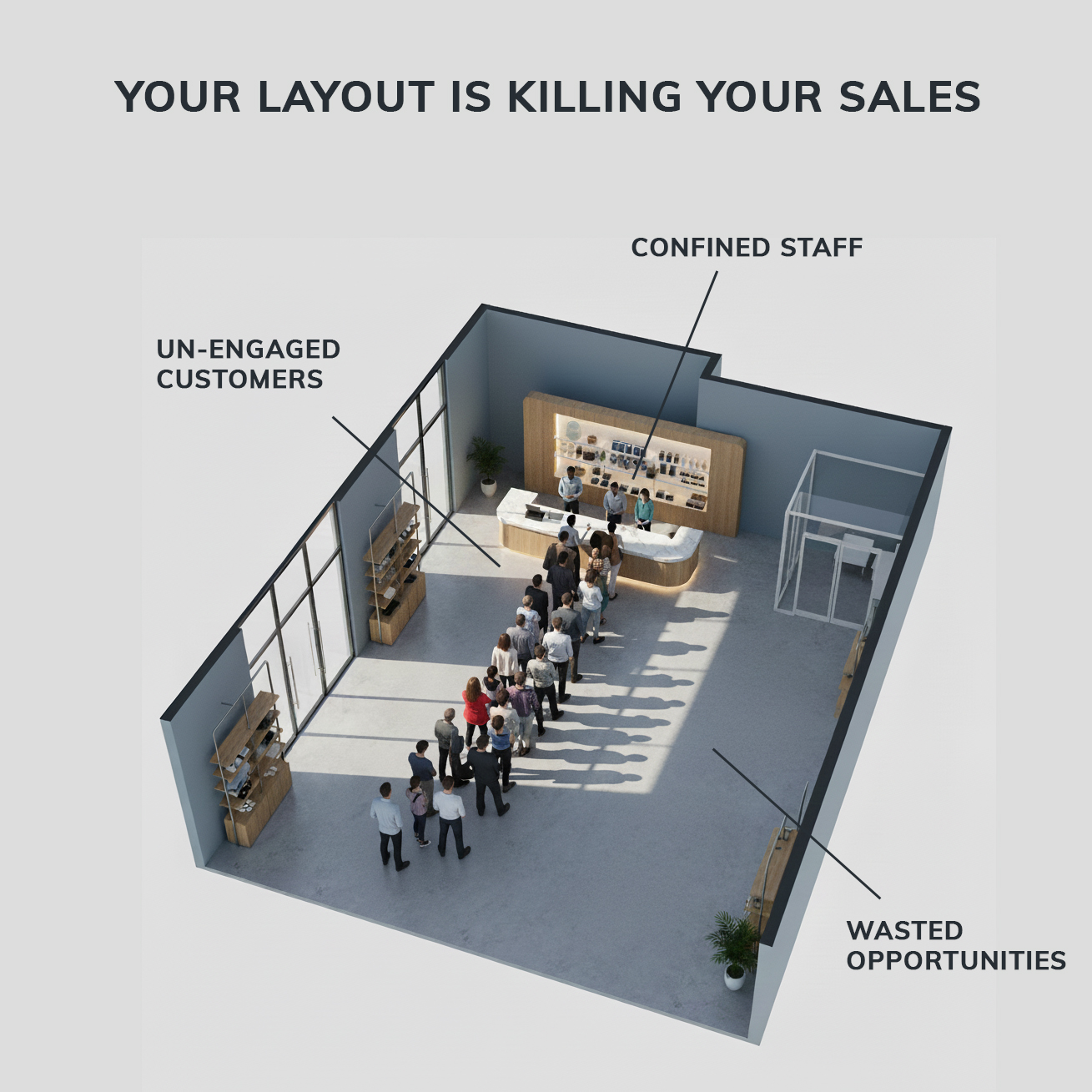 Crowded cannabis store floor plan before optimizing dispensary layout with kiosks